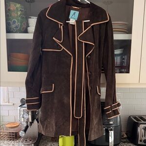 Marciano Dark Brown Suede Trench Coat with Light Tan Accents